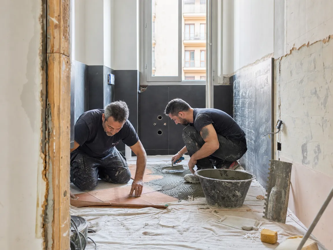 Posa delle piastrelle in un bagno in ristrutturazione