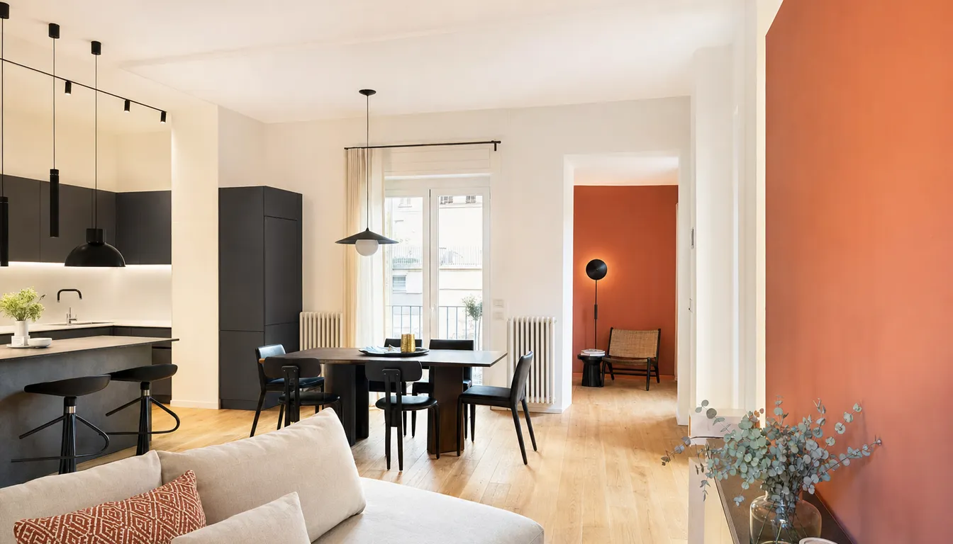 Soggiorno con cucina appena ristrutturato, pavimento in rovere e parete in terracotta