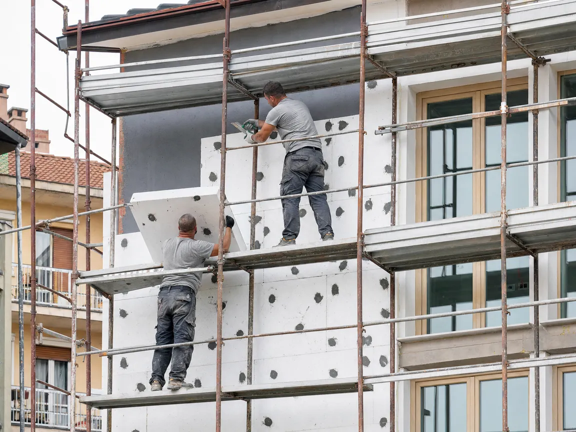 Posa dei pannelli isolanti su una facciata a Milano