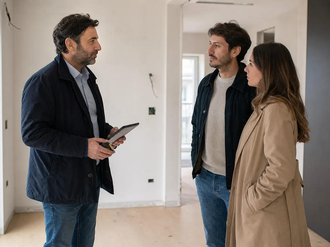 Il capocantiere misura un appartamento con una coppia durante il sopralluogo